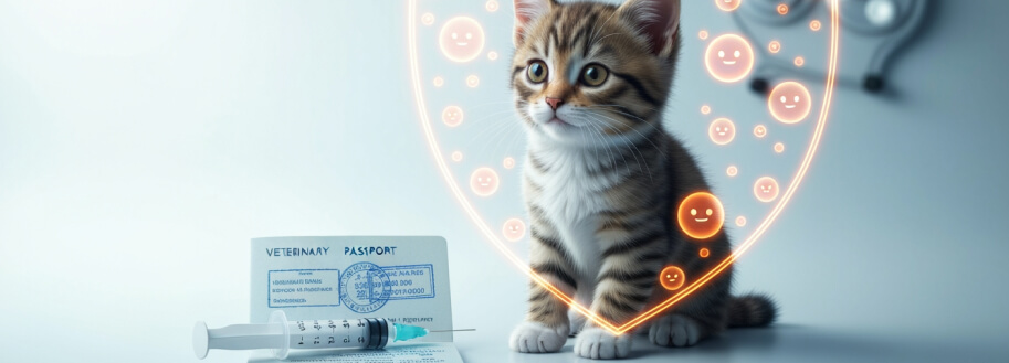 Милый котенок сидит рядом со шприцем